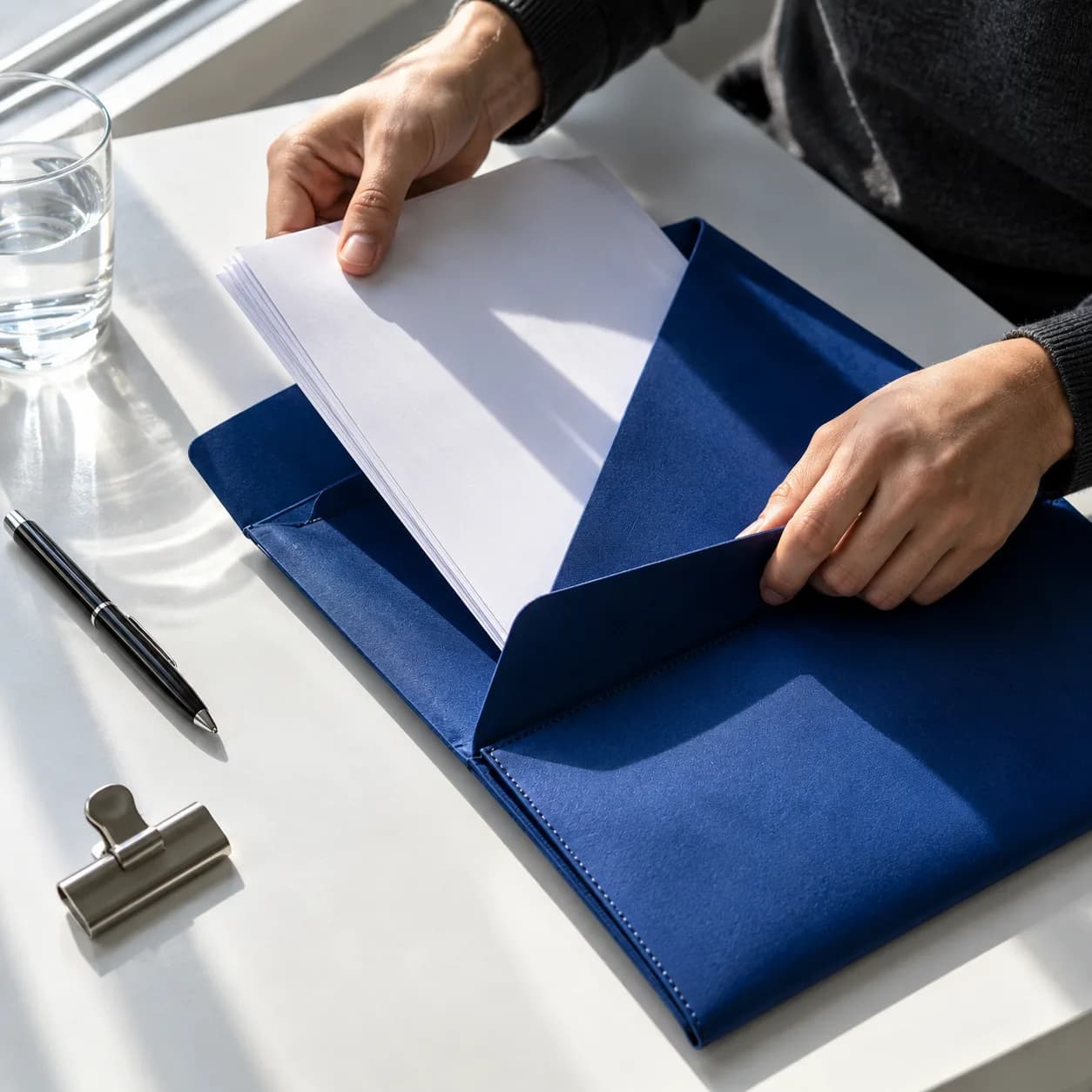 Hands placing papers into a cobalt folio beside a sunlit window